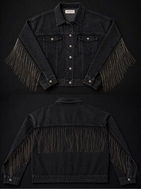 NEW - Black Washed Denim Jacket with Rhinestone Fringe